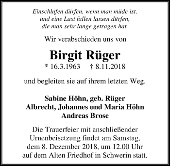 Traueranzeige von Birgit Rüger von Ostsee-Zeitung GmbH