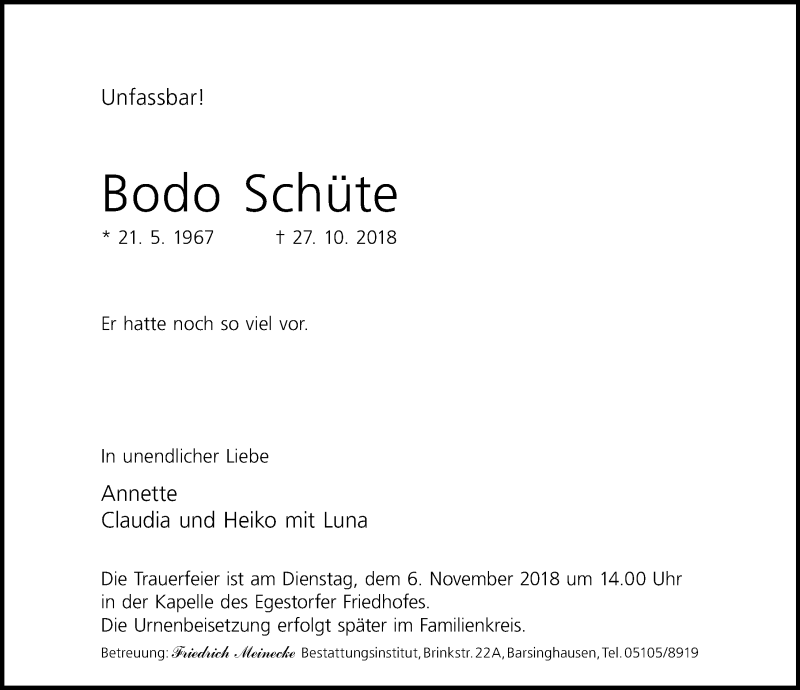  Traueranzeige für Bodo Schüte vom 03.11.2018 aus Hannoversche Allgemeine Zeitung/Neue Presse