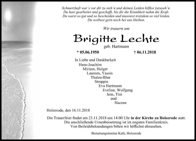 Traueranzeige für Brigitte Lechte vom 16.11.2018 aus Göttinger Tageblatt