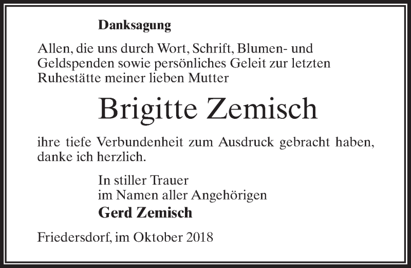  Traueranzeige für Brigitte Zemisch vom 10.11.2018 aus Märkischen Allgemeine Zeitung