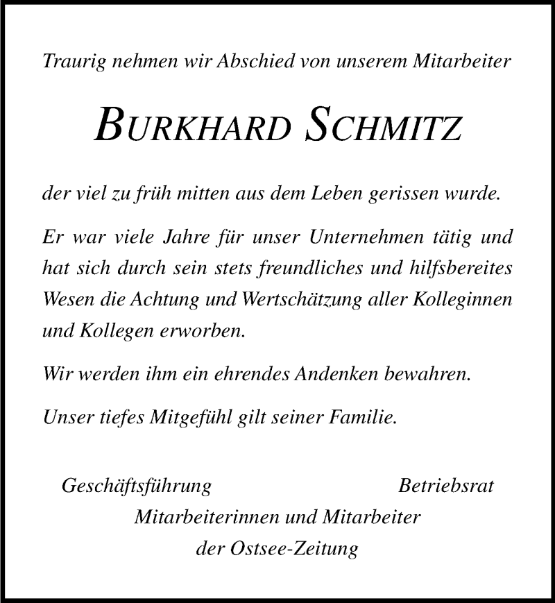  Traueranzeige für Burkhard Schmitz vom 10.11.2018 aus Ostsee-Zeitung GmbH