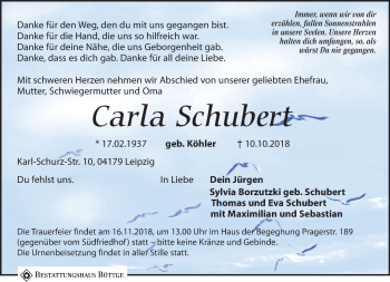 Traueranzeige von Carla Schubert von Leipziger Volkszeitung