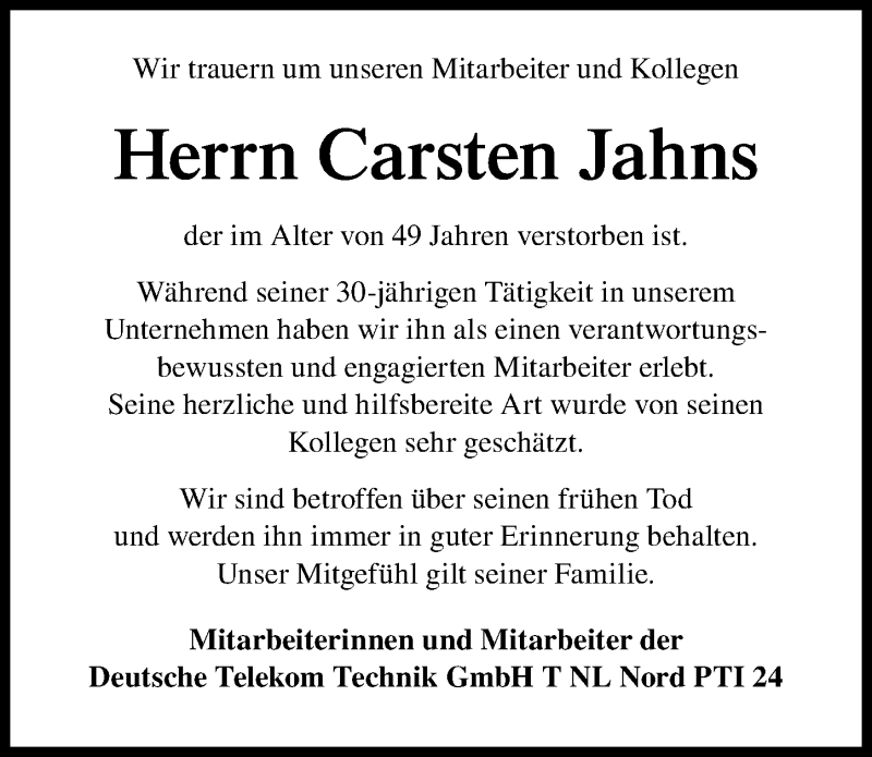  Traueranzeige für Carsten Jahns vom 17.11.2018 aus Göttinger Tageblatt