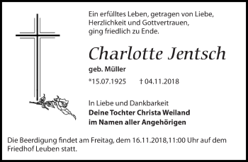 Traueranzeige von Charlotte Jentsch von Dresdner Neue Nachrichten