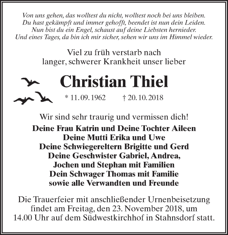  Traueranzeige für Christian Thiel vom 10.11.2018 aus Märkischen Allgemeine Zeitung