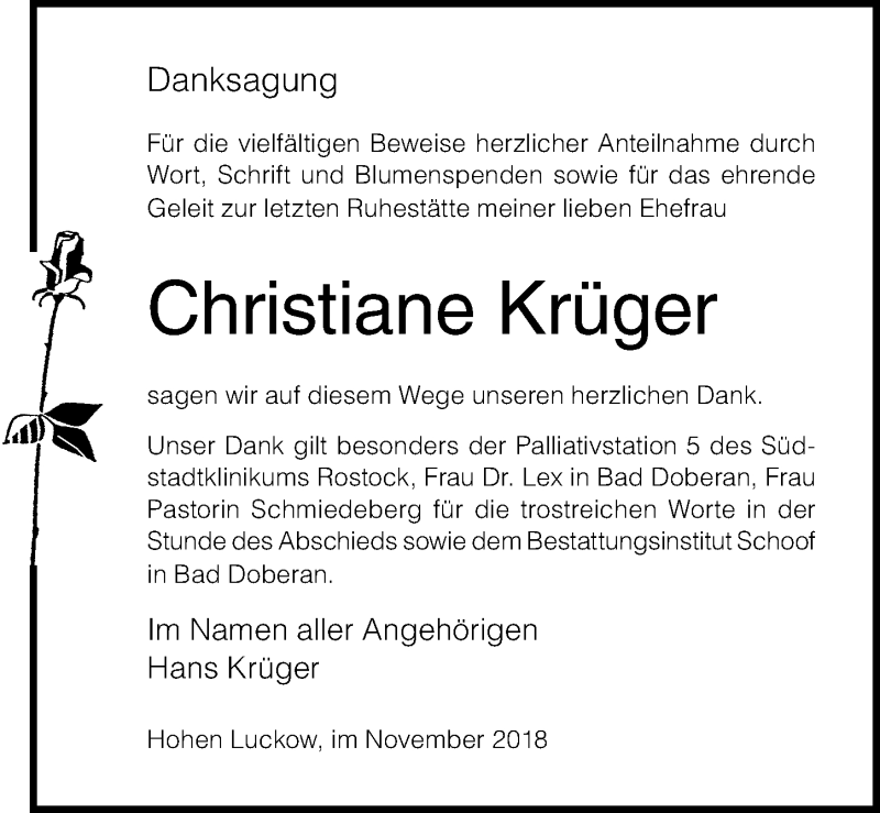  Traueranzeige für Christiane Krüger vom 17.11.2018 aus Ostsee-Zeitung GmbH