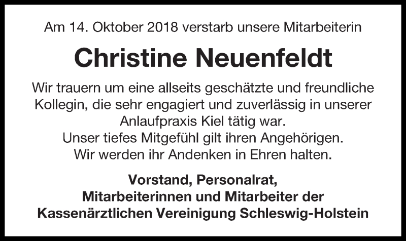  Traueranzeige für Christine Neuenfeldt vom 10.11.2018 aus Kieler Nachrichten