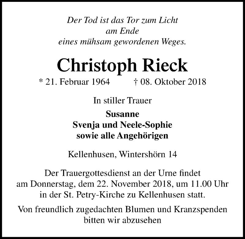  Traueranzeige für Christoph Rieck vom 20.11.2018 aus Ostsee-Zeitung GmbH
