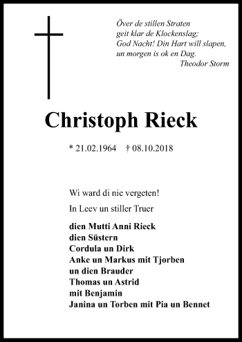 Traueranzeige von Christoph Rieck von Ostsee-Zeitung GmbH