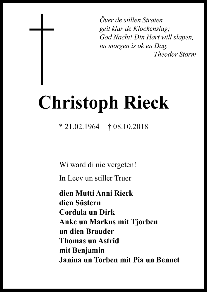  Traueranzeige für Christoph Rieck vom 17.11.2018 aus Ostsee-Zeitung GmbH
