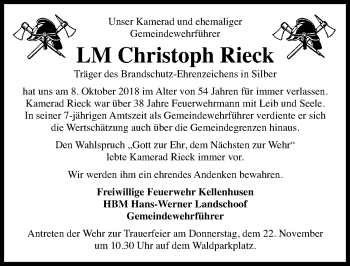 Traueranzeige von Christoph Rieck von Ostsee-Zeitung GmbH