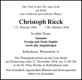 Traueranzeige von Christoph Rieck von Ostsee-Zeitung GmbH