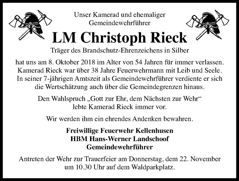 Traueranzeige für Christoph Rieck vom 21.11.2018 aus Ostsee-Zeitung GmbH