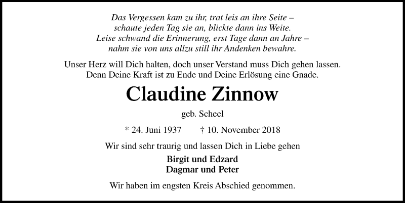  Traueranzeige für Claudine Zinnow vom 18.11.2018 aus Ostsee-Zeitung GmbH