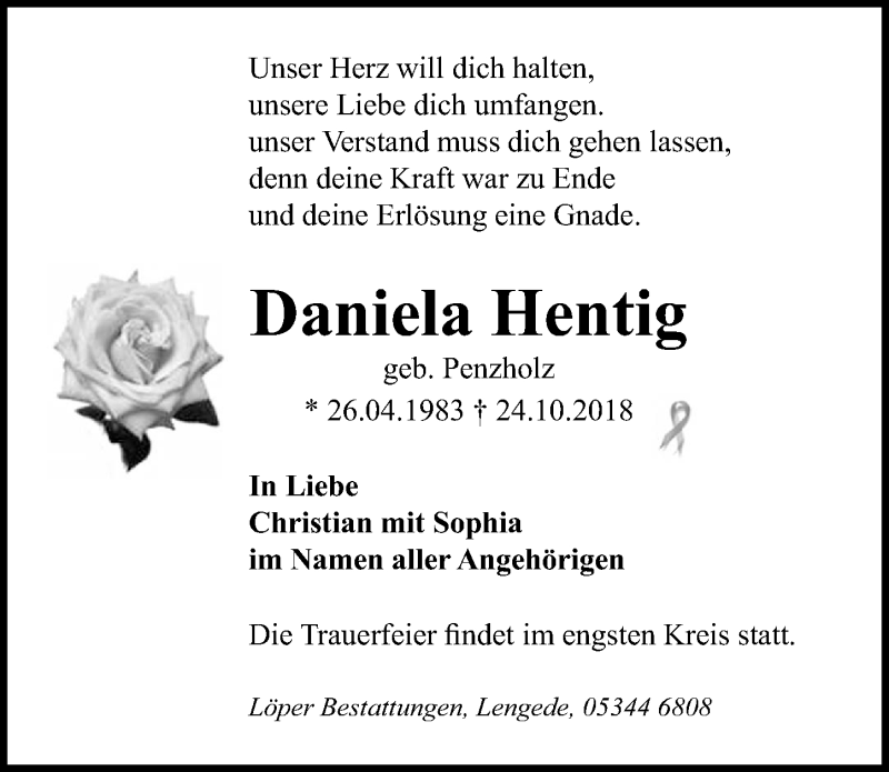 Traueranzeige für Daniela Hentig vom 03.11.2018 aus 