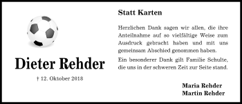 Traueranzeige von Dieter Rehder von Kieler Nachrichten