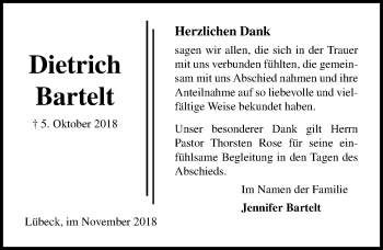 Traueranzeige von Dietrich Bartelt von Lübecker Nachrichten