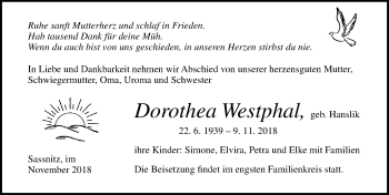 Traueranzeige von Dorothea Westphal von Ostsee-Zeitung GmbH