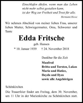 Traueranzeige von Edda Fritsche von Kieler Nachrichten