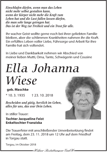 Traueranzeige von Ella Johanna Wiese von Torgauer Zeitung