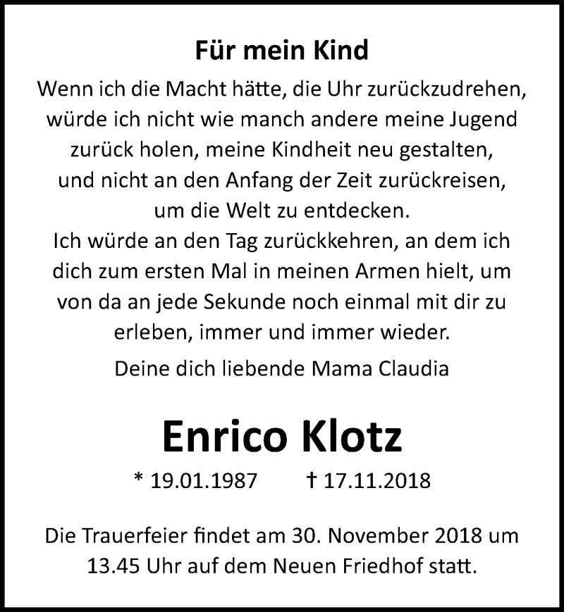  Traueranzeige für Enrico Klotz vom 24.11.2018 aus Ostsee-Zeitung GmbH