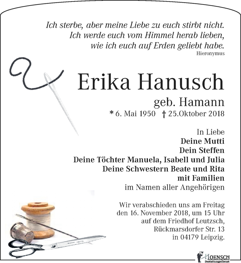  Traueranzeige für Erika Hanusch vom 03.11.2018 aus Leipziger Volkszeitung
