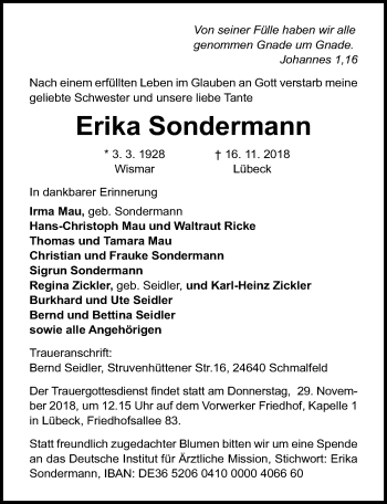 Traueranzeige von Erika Sondermann von Lübecker Nachrichten