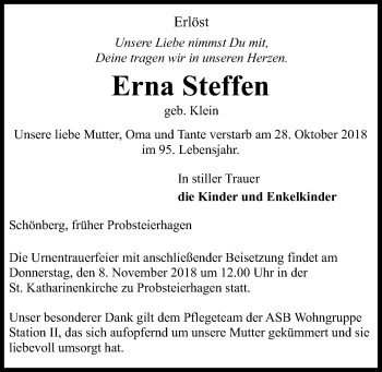 Traueranzeige von Erna Steffen von Kieler Nachrichten