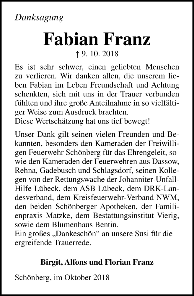  Traueranzeige für Fabian Franz vom 14.11.2018 aus Ostsee-Zeitung GmbH