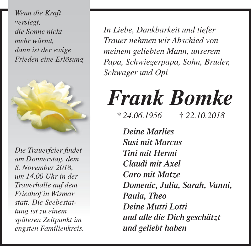  Traueranzeige für Frank Bomke vom 03.11.2018 aus Ostsee-Zeitung GmbH