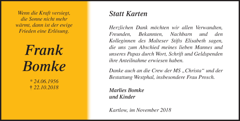  Traueranzeige für Frank Bomke vom 17.11.2018 aus Ostsee-Zeitung GmbH