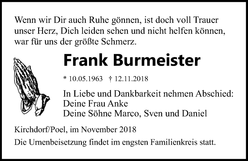  Traueranzeige für Frank Burmeister vom 17.11.2018 aus Ostsee-Zeitung GmbH