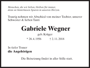 Traueranzeige von Gabriele Wegner von Märkischen Allgemeine Zeitung