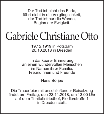 Traueranzeige von Gabriele Christiane Otto von Dresdner Neue Nachrichten