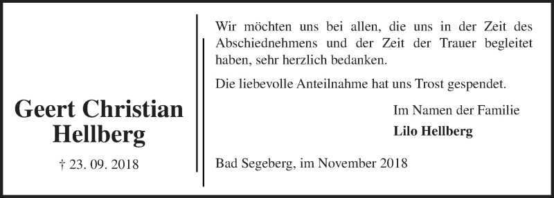  Traueranzeige für Geert Christian Hellberg vom 14.11.2018 aus Kieler Nachrichten
