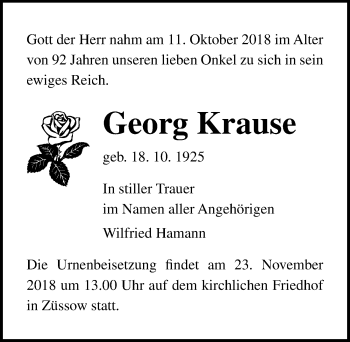 Traueranzeige von Georg Krause von Ostsee-Zeitung GmbH