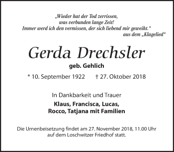 Traueranzeige von Gerda Drechsler von Dresdner Neue Nachrichten