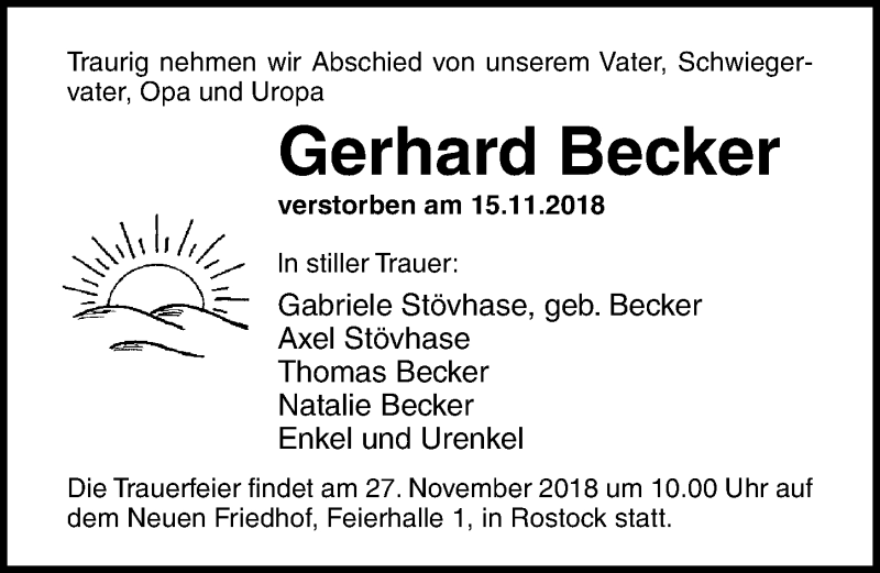  Traueranzeige für Gerhard Becker vom 24.11.2018 aus Ostsee-Zeitung GmbH
