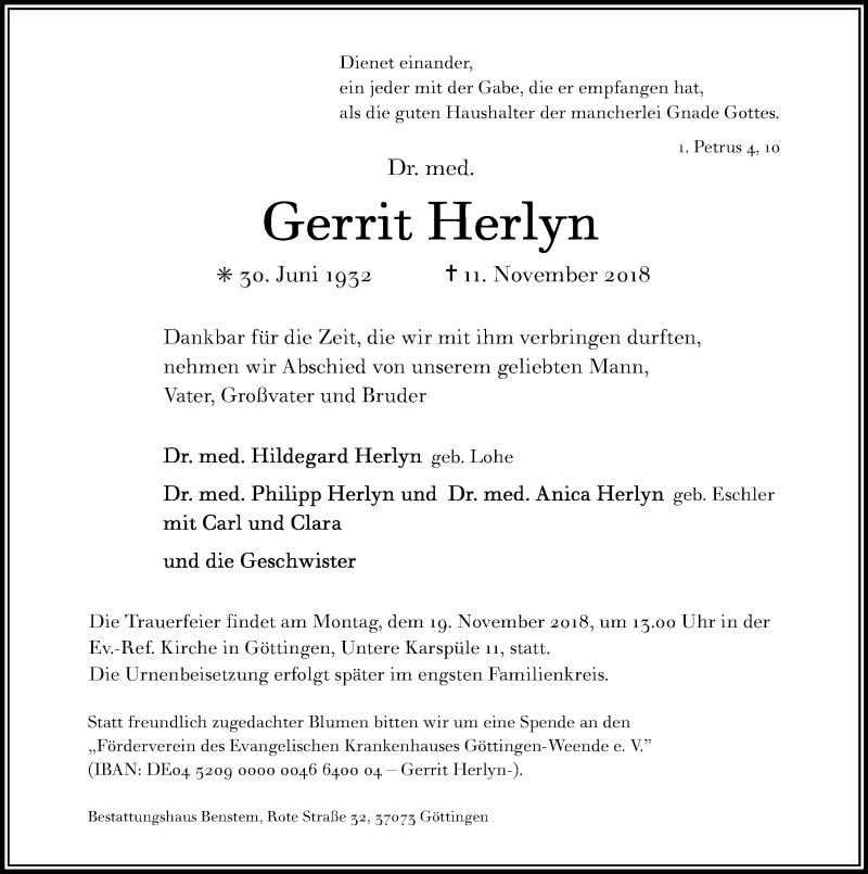  Traueranzeige für Gerrit Herlyn vom 17.11.2018 aus Göttinger Tageblatt