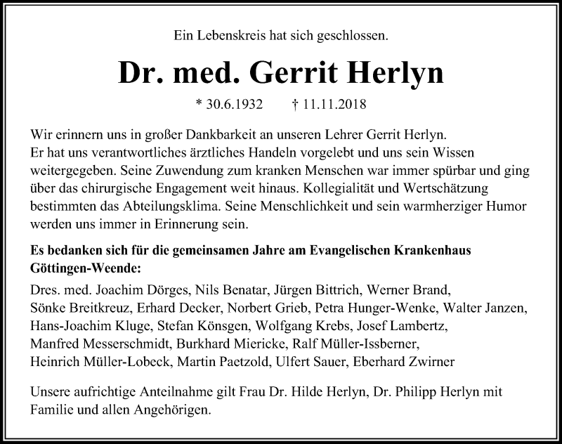  Traueranzeige für Gerrit Herlyn vom 17.11.2018 aus Göttinger Tageblatt