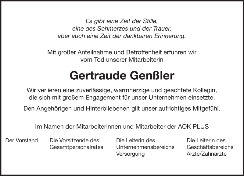  Traueranzeige für Gertraude Genßler vom 24.11.2018 aus Leipziger Volkszeitung