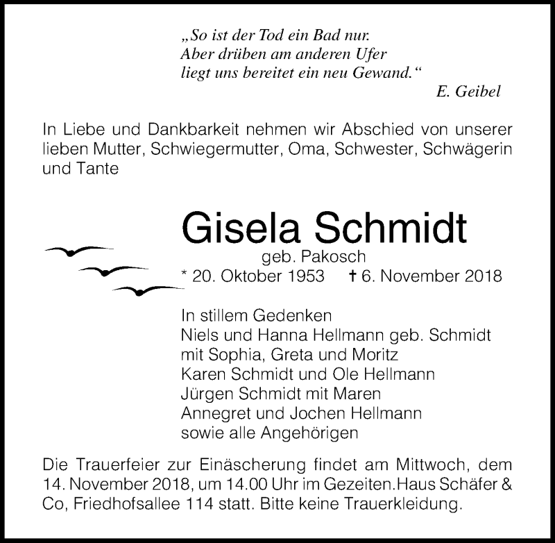  Traueranzeige für Gisela Schmidt vom 11.11.2018 aus Lübecker Nachrichten