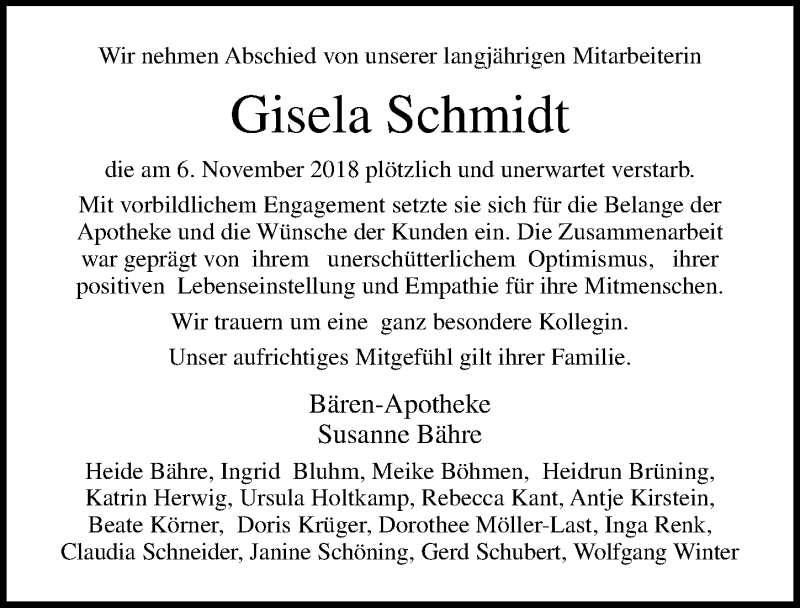  Traueranzeige für Gisela Schmidt vom 18.11.2018 aus Ostsee-Zeitung GmbH