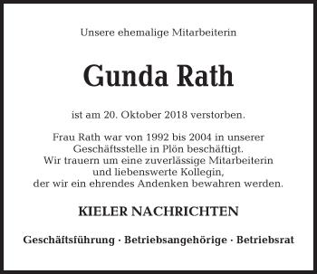 Traueranzeige von Gunda Rath von Kieler Nachrichten