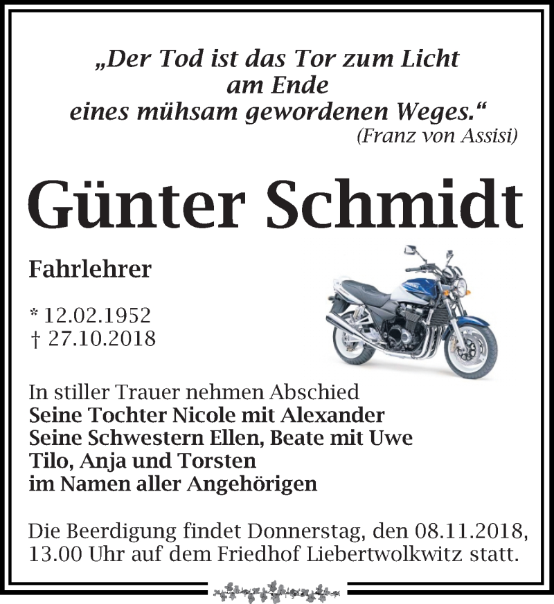  Traueranzeige für Günter Schmidt vom 03.11.2018 aus Leipziger Volkszeitung