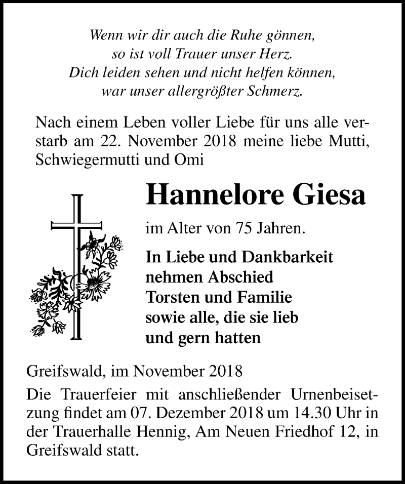  Traueranzeige für Hannelore Giesa vom 24.11.2018 aus Ostsee-Zeitung GmbH
