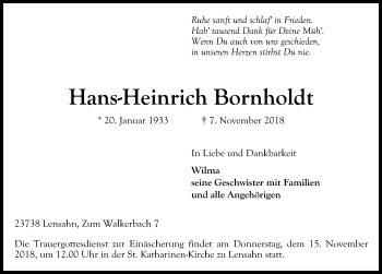 Traueranzeige von Hans-Heinrich Bornholdt von Lübecker Nachrichten