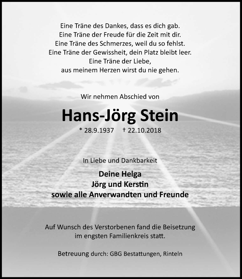 Traueranzeigen von Hans-Jörg Stein | trauer-anzeigen.de