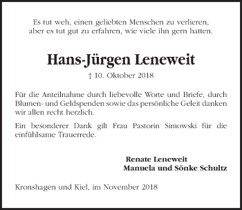 Traueranzeige von Hans-Jürgen Leneweit von Kieler Nachrichten