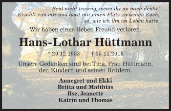 Traueranzeige von Hans-Lothar Hüttmann von Kieler Nachrichten